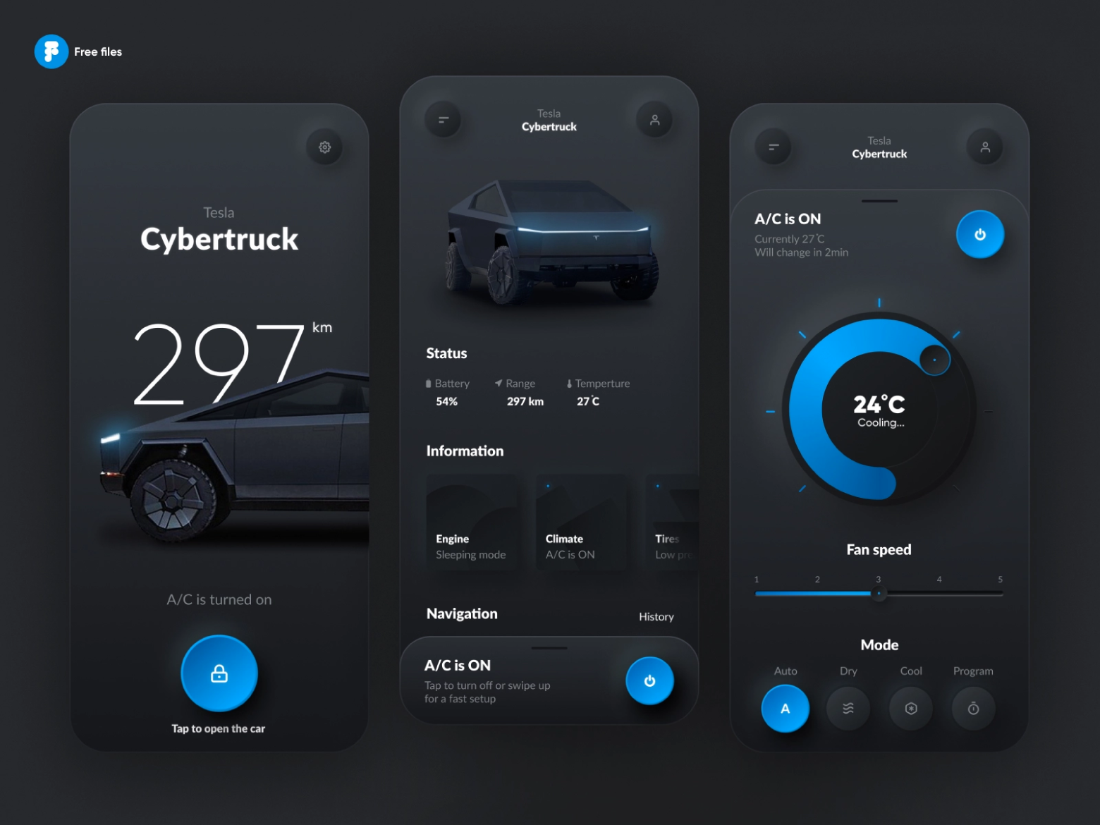 Interface de aplicativo exibindo dados de um veículo como o Cybertruck, incluindo quilometragem e temperatura, em estilo neumorphism